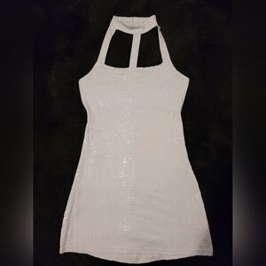 Sugar Thrillz Blue Sequin Mock Neck Halter Mini Dress